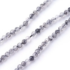 Черный Натуральный черный Rutilated кварцевые нити бисера, граненые, круглые, чёрные, 2~2.5 мм, отверстие : 0.5 мм, около 180~200 шт / нитка, 14.5~16.1 дюйм (37~41 см)