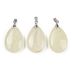 Лимонный Кварц Естественно лимона кварцевые кулоны, подвески-капли с латунной фурнитурой, платина, 34x20x8 мм, отверстие : 4x5 мм