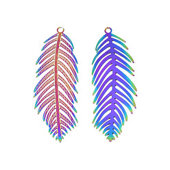 Rainbow Color 304 из нержавеющей стали большие кулоны, гравированные металлические украшения, лист, Радуга цветов, 55.5x19x0.3 мм, отверстие : 2 мм