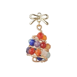 Золотой Подвески на елку из натурального апатита, зеленого авантюрина, лазурита, цитрина, агата и аметиста, ограненные круглые бусины из медной проволоки, с бантом из сплава, смешанные окрашенные и неокрашенные, золотые, 31.5x14.5 мм, отверстие : 1.2 мм