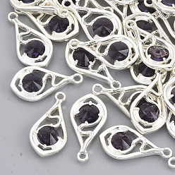 Фиолетовый Граненые подвески стекла, с настройками открытой спины из экологически чистого сплава, без никеля , слеза, серебряный цвет гальваническим, индиговые, 21x11x3.5 мм, отверстие : 1.6 мм