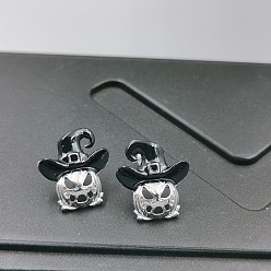 Platine Boucles d'oreilles clous en alliage émaillé pour Halloween, citrouille et chapeau de sorcière, platine, 20x18mm