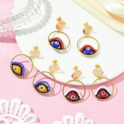 Mixed Color Evil Eye Handmade Glass Seed Beads Dangle Stud Earrings, with Brass Stud Earring Findings, Golden, Mixed Color, 39x25mm, 3pairs/set