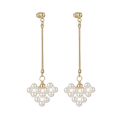 Golden Shell Pearl Braided Heart Dangle Stud Earrings, Gold Plated Brass Long Drop for Women, Golden, 66mm, Pin: 0.7mm