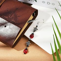 Античный Серебристый & Платиновый Закладка из перьев из сплава, с бусинами лэмпворк и стеклянными бусинами, божья коровка и цветок, старинное серебро и платина, 115 мм