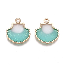 Бирюза Подвески из эмали и сплава, двухсторонний, форма раковины гребешка, золотые, бирюзовые, 18x15.5x2 мм, отверстие : 1.6 мм