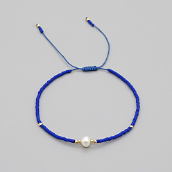 Синий Регулируемые браслеты из плетеного бисера и стеклянных бусин для женщин, с натуральным пресноводным жемчугом и латунью, синие, 11.02 дюйм (28 см)