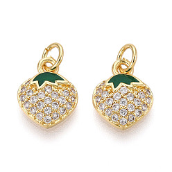 Настоящее золото 18K Латунные микро проложить кубического циркония прелести, без кадмия, без никеля и без свинца, с эмалью, клубника, с целью перехода в кольце, реальный 18 k позолоченный, 12.5x10x3.5 мм, отверстие : 3.5 мм