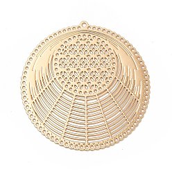 Light Gold Стойки обшивки латунь филигранные подвески, долговечный, без кадмия, без никеля и без свинца, плоские круглые с цветком, золотой свет, 31x30x0.3 мм, отверстие : 0.9 мм