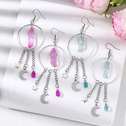 (52) Непрозрачная лаванда 2 серьги-подвески из натурального кварцевого кристалла в форме луны и звезды, с 304 крючками и цепями из нержавеющей стали, цвет нержавеющей стали, разноцветные, 103x53 мм