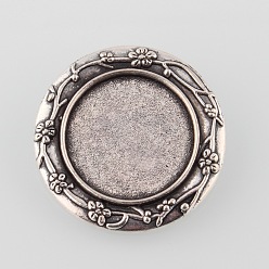 Antique Silver Vintage Alloy Carved Flower Brooch Cabochon Bezel Settings, Cadmium Free & Lead Free, with Iron Pin Back Bar Findings, Antique Silver, Flat Round Tray: 20mm, 30x2mm, Pin: 0.8mm