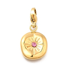 Роза Плоские круглые 304 подвески из нержавеющей стали со стразами украшения, с карабин-лобстерами , ионное покрытие (ip), реальный 14 k позолоченный, роза, 18.5x13.5x3 мм