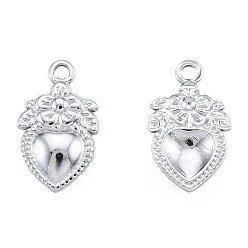 Нержавеющая Сталь Цвет Не тускнеющие 201 подвески из нержавеющей стали, Сердце со цветками , цвет нержавеющей стали, 21x13x2.5 мм, отверстие : 2 мм