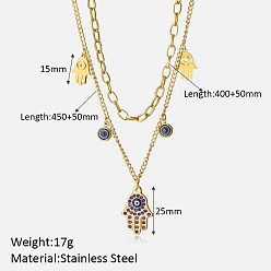 Hamsa Hand 304 нержавеющая сталь с двухслойными ожерельями из фианита, золотые, хамса рука, 15.75 дюйм (40 см), Кулон : 25 мм