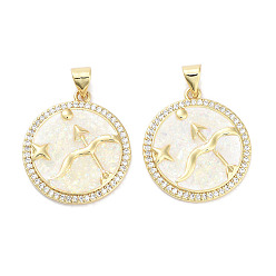 Стрелец Латунные микропаве прозрачные подвески с фианитом, без кадмия и без свинца, с синтетическим опалом и жемчугом из АБС-пластика, реальный 18 k позолоченный, плоский круглый шарм с двенадцатью созвездиями, Стрелец, 23x20x2.5 мм, отверстие : 4.5x3 мм