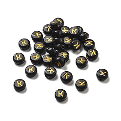 Letter K Покрытие непрозрачных акриловых бисер, золотой металл обвитыми, плоские круглые с буквы, Письмо K, 7x3.5 мм, отверстие : 1.2 мм, Около 3846 шт / 500 г