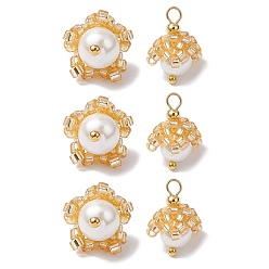 (932FM) Темно-синий аква-матовый с подкладкой Подвески-цветы из бисера в форме цилиндра, с круглыми бусинами из ракушек и золотистой латунной петлей, темно-золотистые, 15x10~11 мм, отверстие : 2 мм