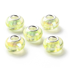 Зелено-Желтый УФ-покрытие смола европейские бусины, RONDELLE большие шарики отверстия, с двойными сердечниками из сплава платинового тона, зеленый желтый, 13.5x9 мм, отверстие : 5 мм