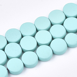 Aqua Spray Painted Non-magnetic Synthetic Hematite Beads Strands, Flat Round, Aqua, 10x4mm, Hole: 1mm, about 44pcs/strand, 15.7 inch