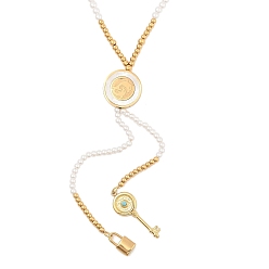 Lock Ожерелья из искусственного жемчуга и синтетических ракушек, 304 ожерелья с подвесками из нержавеющей стали для женщин, золотые, запирать, 17.13 дюйм (43.5 см), подвески: 16 мм