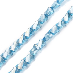 Sky Blue Electroplated Transparent Glass Beads Strands, Half Rainbow Plated, Faceted Twist Rectangle, Sky Blue, 10x8x5mm, Hole: 1.2mm, about 49~51pcs/strand, 21.26''(54cm)