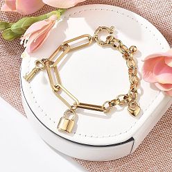 Настоящее золото 18K 304 Браслеты с подвесками в виде скрепок и цепочек Rolo из нержавеющей стали для женщин, сердце и замок и ключ в форме сердца, реальный 18 k позолоченный, 7-7/8 дюйм (20 см)