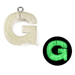 Letter G Светящиеся подвески смолы, светится в темноте, с платиновым покрытием петли, буквы, Буква G, 23.5x19x5 мм, отверстие : 1.8 мм
