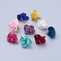 Mixed Color Cloth Flower Pendants, with Iron Findings, Golden, Mixed Color, 22x17mm, Hole: 1mm