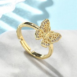 Настоящее золото 18K Регулируемые кольца для женщин с микропаве из латуни и кубическими цирконами, бабочка, без свинца и без кадмия, долговечный, реальный 18 k позолоченный, 11.5x10.5 мм, внутренний диаметр: 17 мм