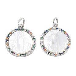 Platino Colgantes de circonitas cúbicas de colores con micro pavé de latón chapado en rack, redondo plano con encantos de la virgen maría, con concha blanca natural y anilla de salto, sin plomo y cadmio, larga duración plateado, Platino, 18x15x2.8 mm, agujero: 3.5 mm