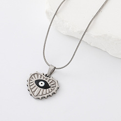 Black 304 Stainless Steel Enamel Evil Eye Heart Pendant Necklaces for Women, Stainless Steel Color, Black, 15.75 inch(40cm)