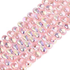 Pink Plaquent verre transparent perles brins, larme, de couleur plaquée ab , demi-plaqué, top foré, rose, 8.5~9x5.5~6x5~6mm, Trou: 0.8~0.9mm, Environ 95~101 pcs/chapelet, 11.81~13.39 pouce (30~34 cm)
