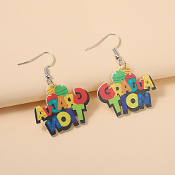 Colorful Back to School Printed Acrylic Dangle Earrings, Word GRADUATION, Platinum, Colorful, 50mm