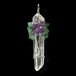 Platinum Natural Quartz Crystal & Green Aventurine & Amethyst Pendants, Tree of Life, Platinum, 50~60x10~15mm