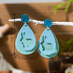 Небесно-голубой Пасхальные серьги-гвоздики из акрила и искусственной кожи., кролик со слезой, платина, голубой, 75x35 мм