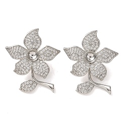 Платина Латунный микро pave прозрачный кубик циркония подвески, цветок, с полукруглыми оправами для кабошонов, платина, 30.5x26x12 мм, отверстие : 1.5 мм