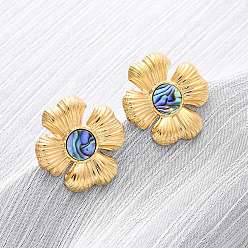 Настоящее золото 18K 304 серьги-гвоздики из натуральной ракушки пауа из нержавеющей стали, цветок, ионное покрытие (ip), реальный 18 k позолоченный, 26x25.5 мм