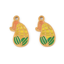 Золотистый 304 из нержавеющей стали шармы эмали, вакуумное покрытие pvd, Кукурузный шарм, реальный 18 k позолоченный, золотые, 12.5x7x1 мм, отверстие : 1 мм