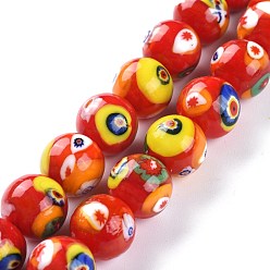 Red Handmade Lampwork Beads Strands, Round with Flower Pattern, Red, 14mm, Hole: 1.8mm, about 28pcs/Strand, 14.76''(37.5cm)