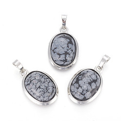 Снежный Обсидиан Естественно снежинка обсидиана подвески, с латунной фурнитурой , овальные, платина, 25~26x17~17.5x8~9 мм, отверстие : 8x5 мм