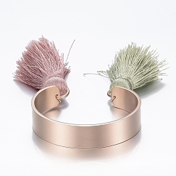 Roségold Trendy 304 Edelstahl-Stulpe-Armband-, mit Baumwollfaden Quasten, Roségold, 53x62 mm