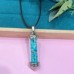 Синтетическая Бирюза Кулон из цинкового сплава в виде шестиугольной стеклянной бутылки с внутренними вкраплениями синтетической бирюзы, ожерелье из черной искусственной кожи., платина, 19.69 дюйм (50 см)