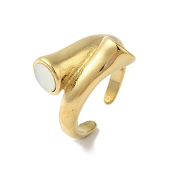 White Shell Open Cuff Ring for Women, 304 Stainless Steel Bypass Finger Ring, Real 18K Gold Plated, White, 10.5mm, Inner Diameter: Adjustable