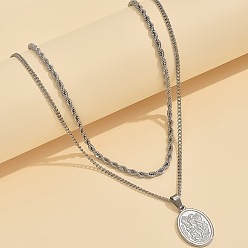 Argent 304 Colliers à double rangée de chaînes en acier inoxydable, Colliers avec pendentif ovale représentant l'archange saint Michel pour hommes, argenterie, 19.69 pouces (50 cm) et 21.65 pouces (55 cm), 2 pièces / kit