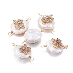 Aquarius Natural Pearl Links connectors, with Brass Micro Pave Cubic Zirconia Findings, Flat Round with Constellation, Golden, Deep Sky Blue, Aquarius, 20~26x9~17x5~11mm, Hole: 1.6mm