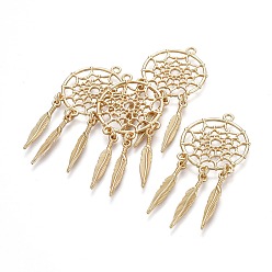 Матовый Золотой Цвет Сплавочные подвески тибетского стиля, тканая сеть / паутина с пером, без свинца, без никеля и без кадмия, реальный 18 k позолоченный, матовый золотой цвет, 63x28x1.5 мм, отверстие : 2 мм