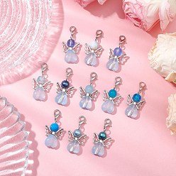 Лазурный Стеклянные подвески в виде ангела, Застежки-когти-омары из цинкового сплава для украшений сумок, лазурный, 38.5x8 мм