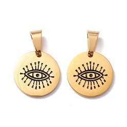 Golden Ion Plating(IP) 304 Stainless Steel Enamel Pendants, Flat Round with Evil Eye Pattern, Golden, 22mm, Hole: 6mm