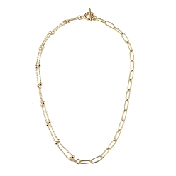 Golden Brass Cable Chain Necklace, with Brass Round Beads and 304 Stainless Steel Toggle Clasps, Golden, 18.11 inch(46cm)
