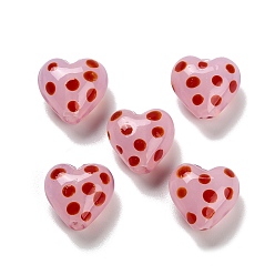 Pink Эмалевые бусины ручной работы в технике лэмпворк, бусины ручной работы, сердце в горошек, розовые, 12x12.5x8.5 мм, отверстие : 1.8 мм